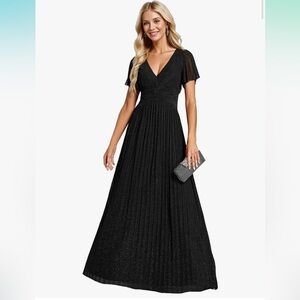 black shimmery flutter sleeve gown
